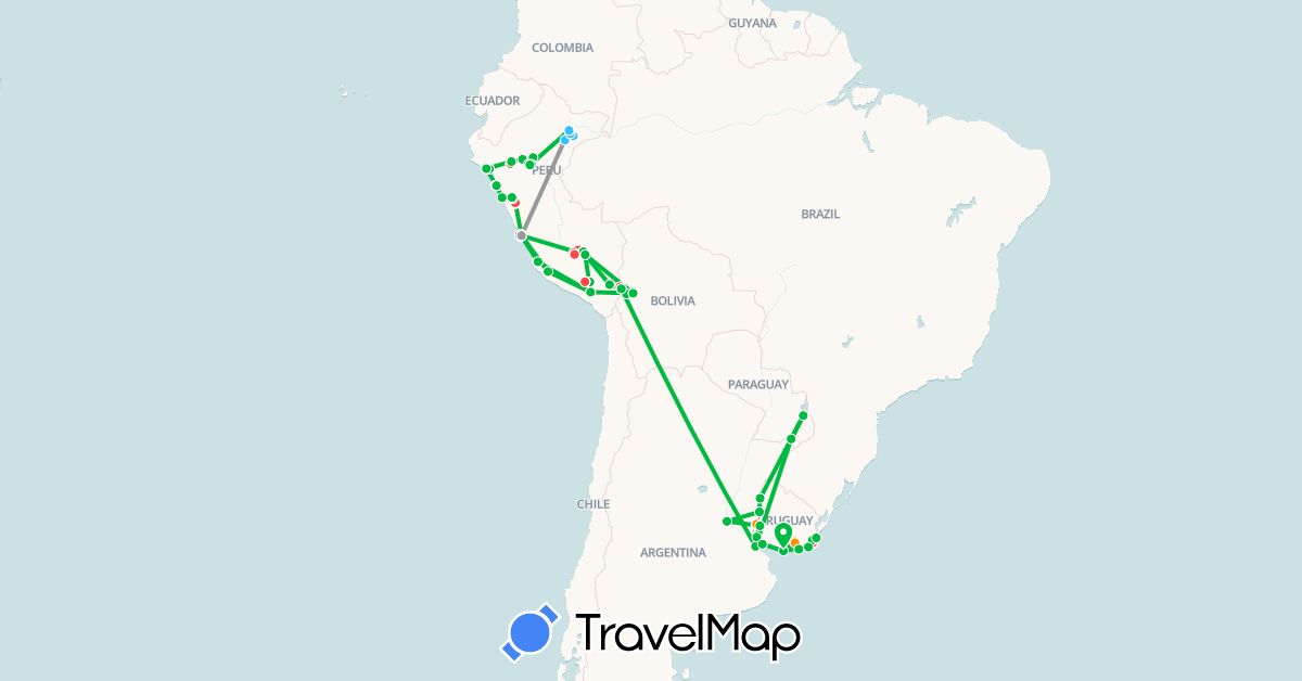 TravelMap itinerary: bus, plane, hiking, boat, hitchhiking in Argentina, Bolivia, France, Peru, Uruguay (Europe, South America)